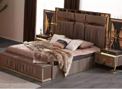 Suite Double bed Beige Bedside tables Bedroom Bed Set 4-piece Stool
